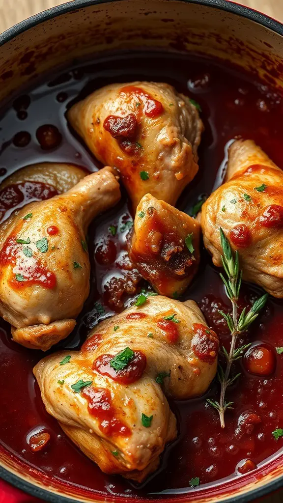 Turkey thighs braised in red wine, simmering in a rich sauce with herbs.