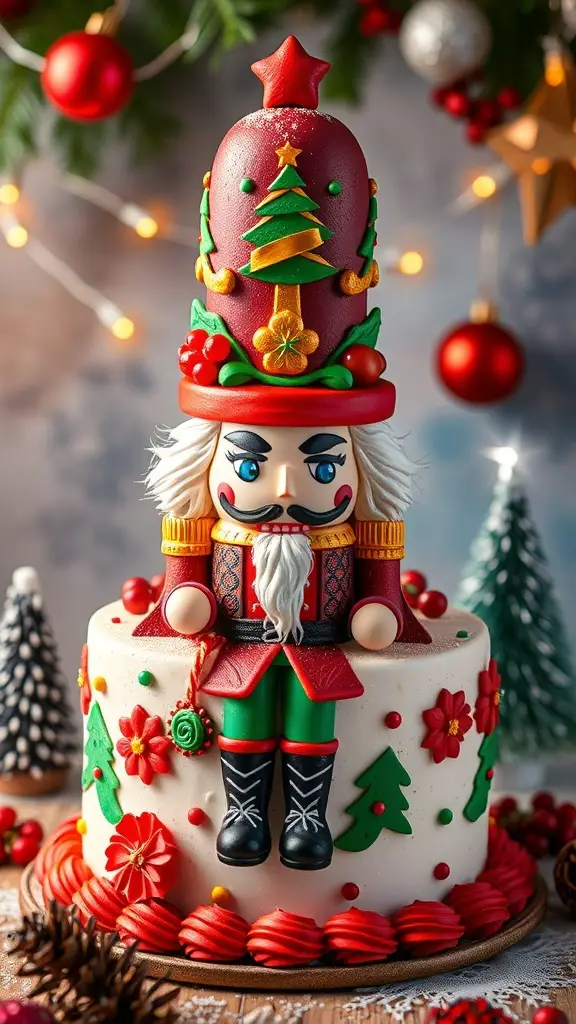 Nutcracker themed cake with colorful decorations and festive elements