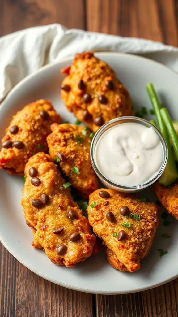 Plate of crispy chicken tenders with ranch dipping sauce