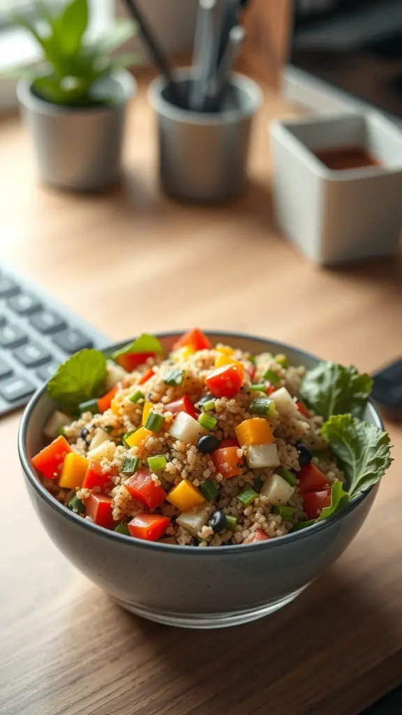 A bowl of quinoa salad with colorful vegetables on a wooden table.