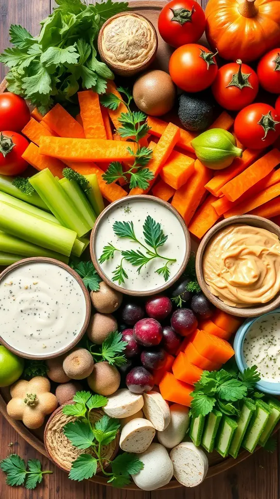 A vibrant veggie platter featuring carrots, celery, tomatoes, and dips.