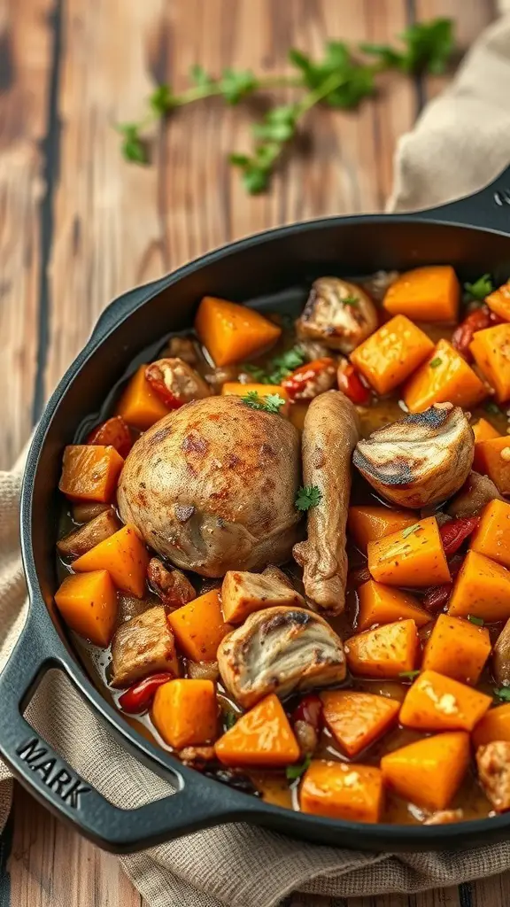 A delicious wild turkey and sweet potato hash in a skillet, featuring golden sweet potatoes and tender turkey pieces.
