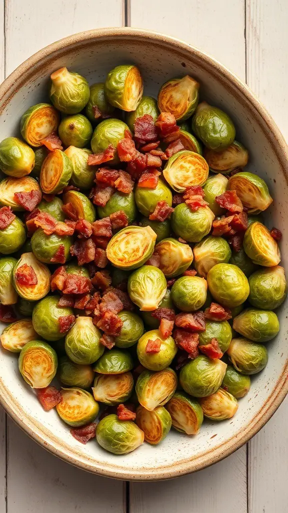 A bowl of roasted Brussels sprouts with crispy bacon pieces