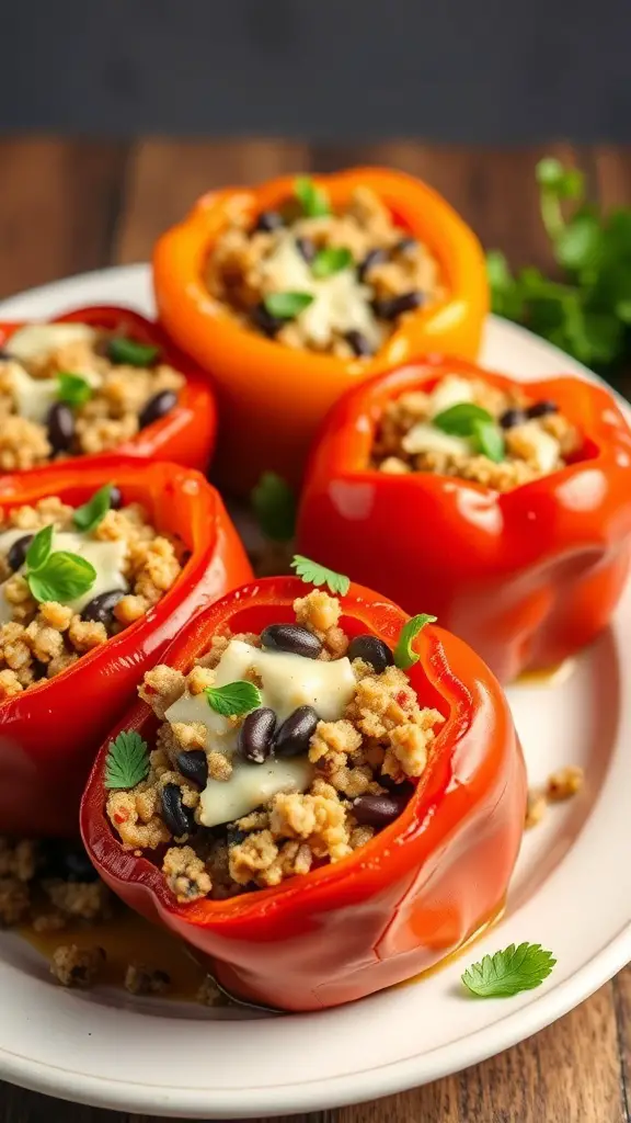 Stuffed bell peppers filled with quinoa and black beans, garnished with herbs.