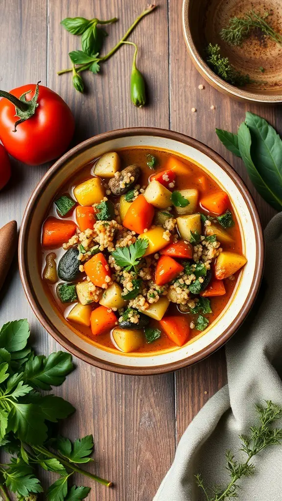 A bowl of chunky vegetable and quinoa stew with colorful vegetables and herbs on a wooden table.
