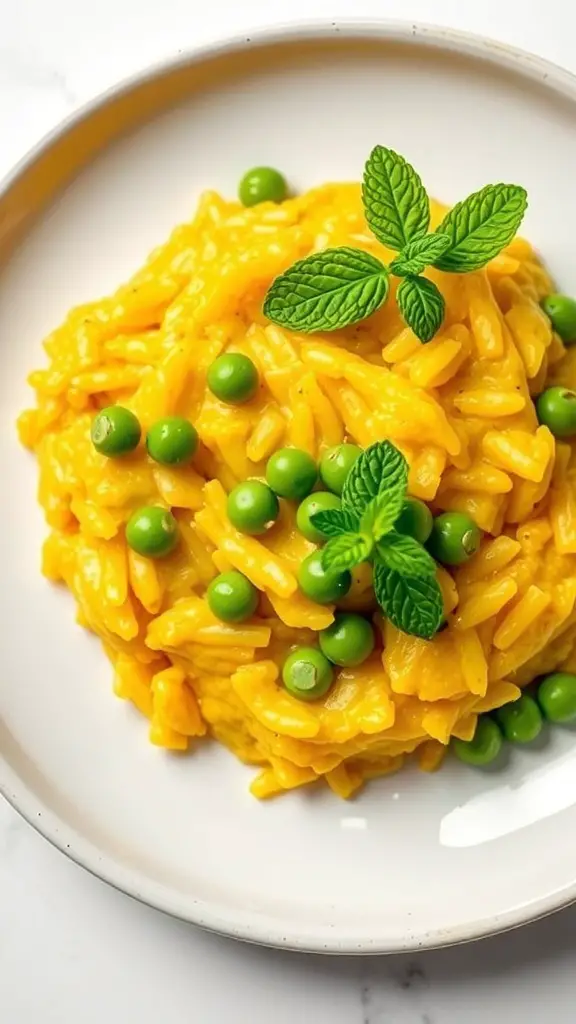 A plate of saffron risotto with peas garnished with mint leaves