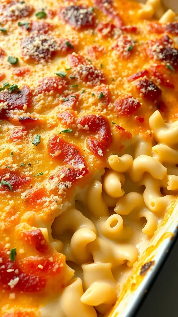 A close-up of a baked fusilli mac and cheese with a golden crust and creamy pasta.