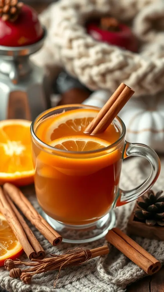 A glass of spiced apple cider with orange slices and cinnamon sticks