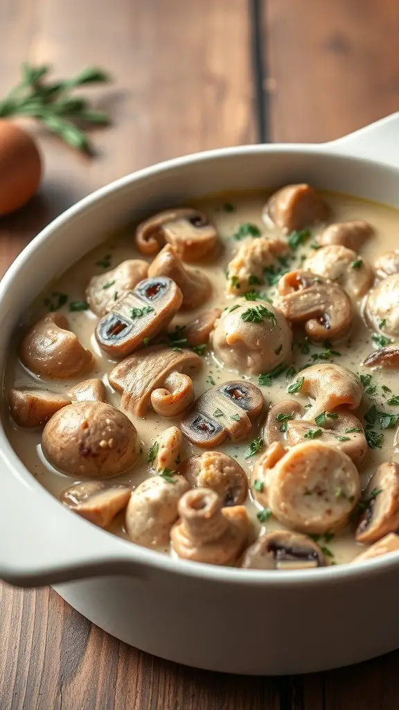 Creamy turkey and mushroom casserole in a white dish