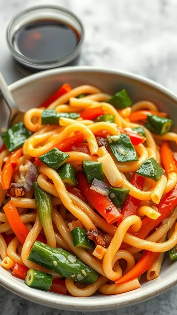 A bowl of pasta stir-fry with colorful vegetables and a small container of sauce.