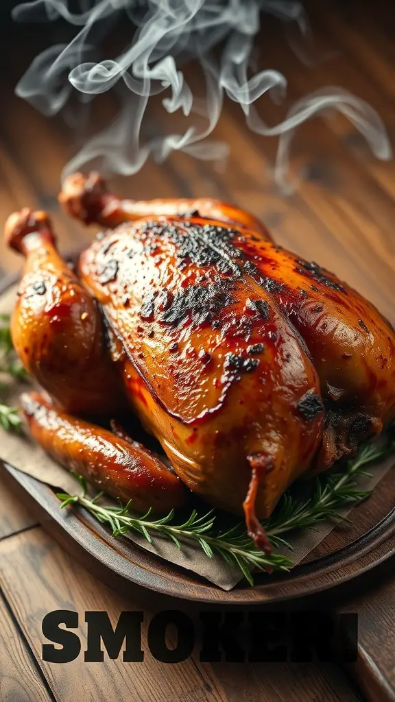 A beautifully smoked turkey with applewood, garnished with herbs and emitting smoke.