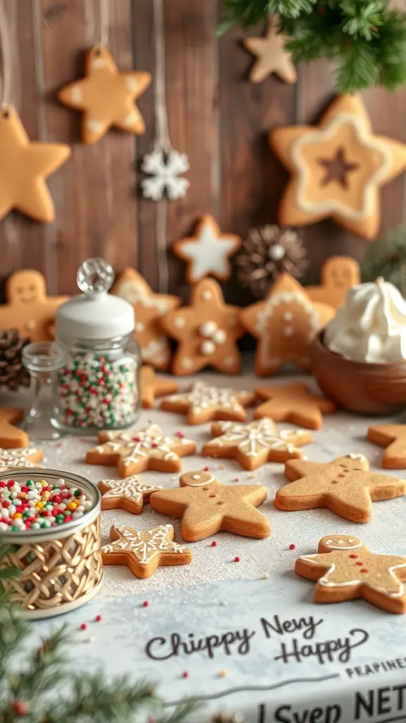 A festive gingerbread cookie decorating station with cookies, icing, and sprinkles.