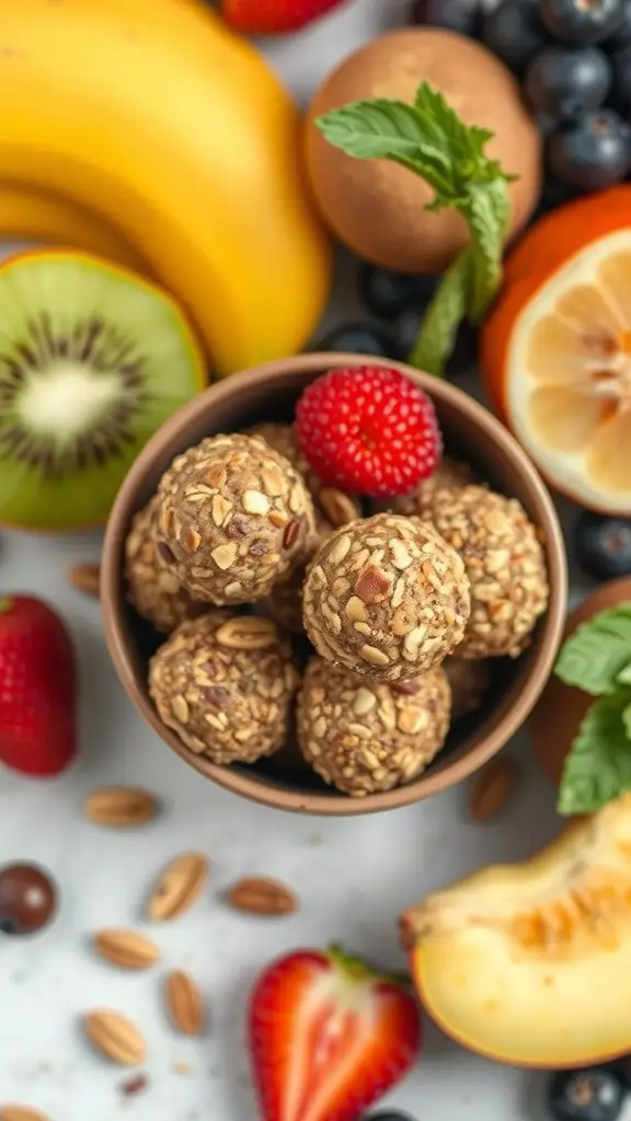 A bowl of fruit and nut energy balls surrounded by fresh fruits like bananas, strawberries, and kiwis.