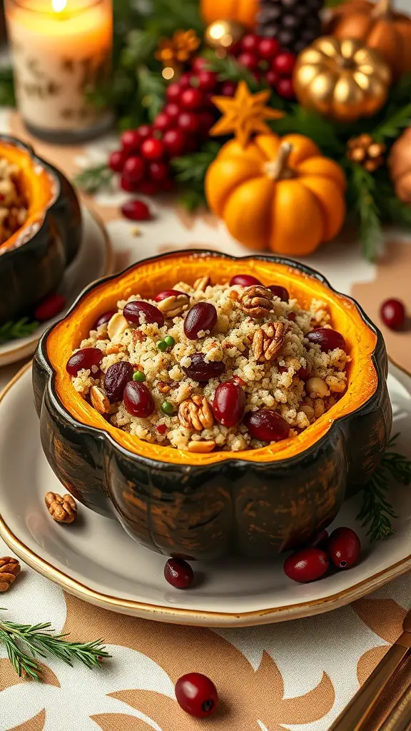 Stuffed acorn squash filled with quinoa, beans, and nuts, surrounded by fall decorations.