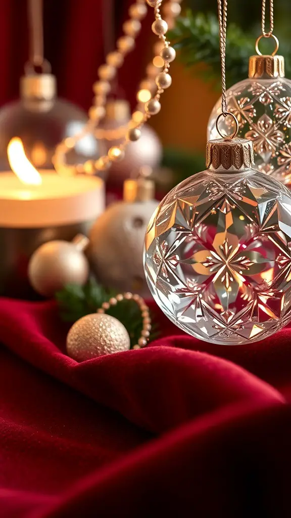 Elegant crystal ornaments on a red fabric background