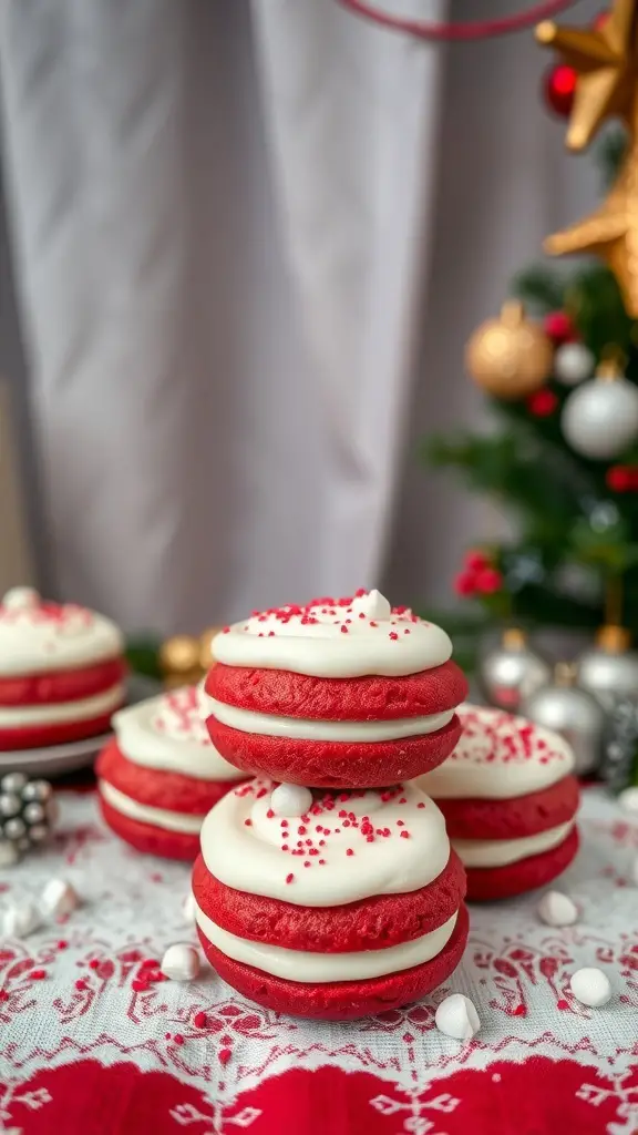A stack of red velvet whoopie pies decorated with white frosting and red sprinkles, set against a festive background.