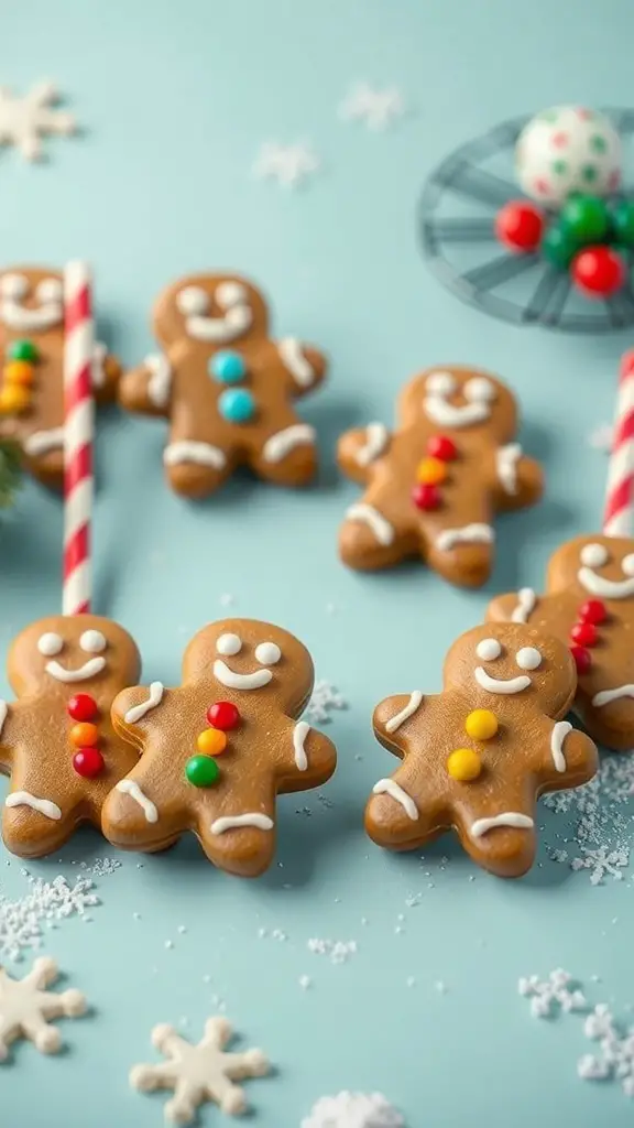 Gingerbread cake pops decorated with colorful candies on a light blue background
