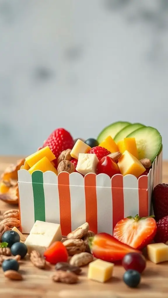 A colorful fruit and nut snack box filled with strawberries, raspberries, blueberries, cheese cubes, and nuts.