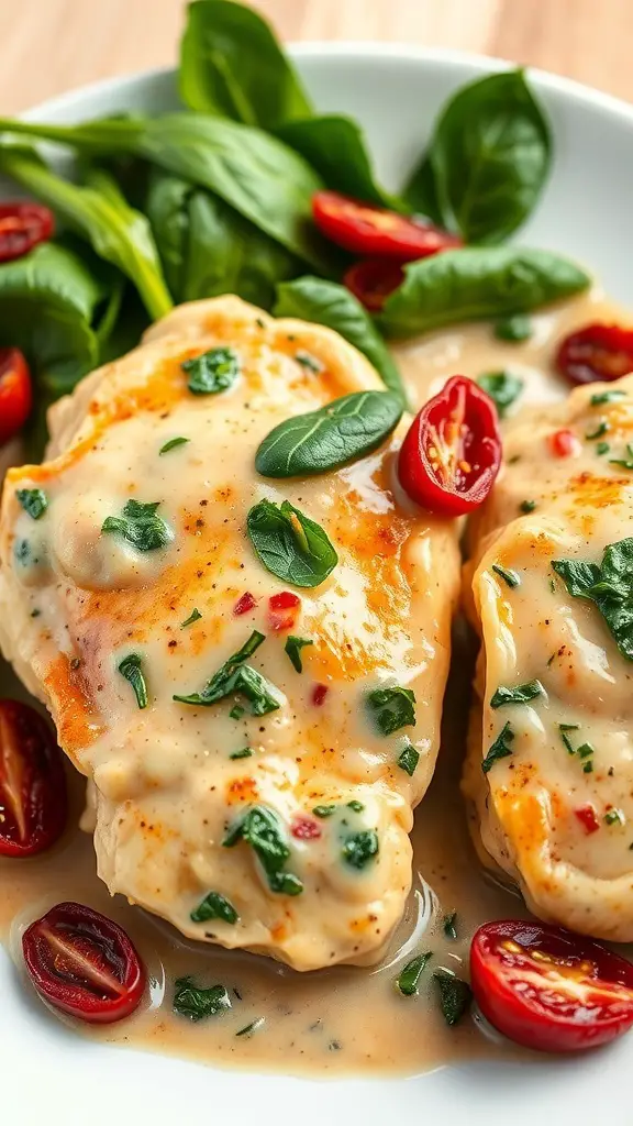 Creamy Tuscan chicken thighs with spinach and cherry tomatoes on a plate.
