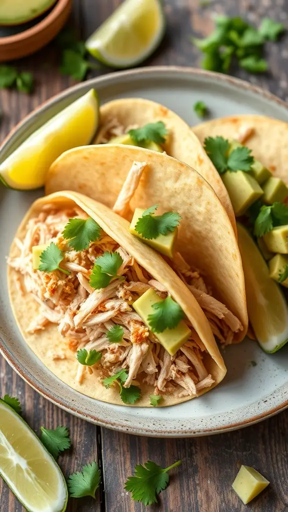 Three shredded turkey tacos topped with cilantro and avocado, served with lime wedges.