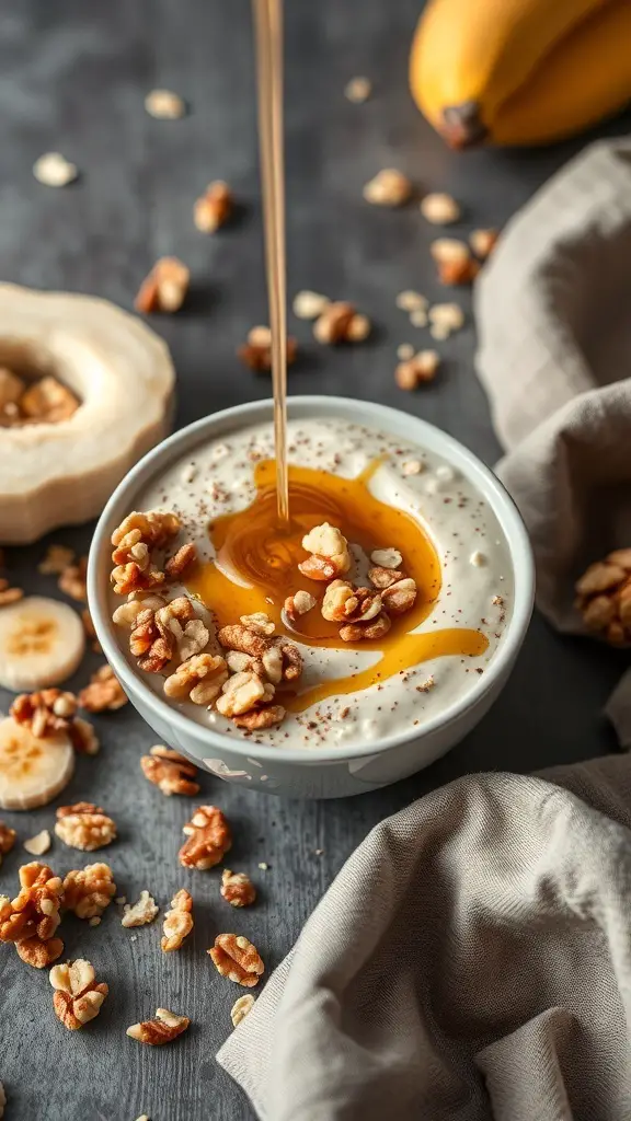 A Nutty Banana Oat Smoothie Bowl with walnuts, honey drizzle, and banana slices.