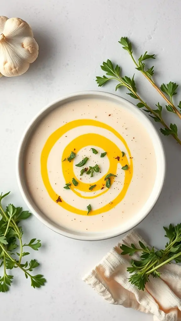 A bowl of creamy roasted cauliflower and garlic soup topped with olive oil and herbs, with garlic and parsley on the side.