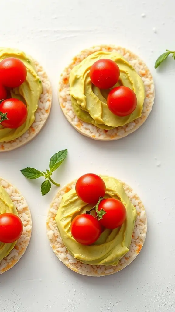 Rice cakes topped with avocado spread and cherry tomatoes
