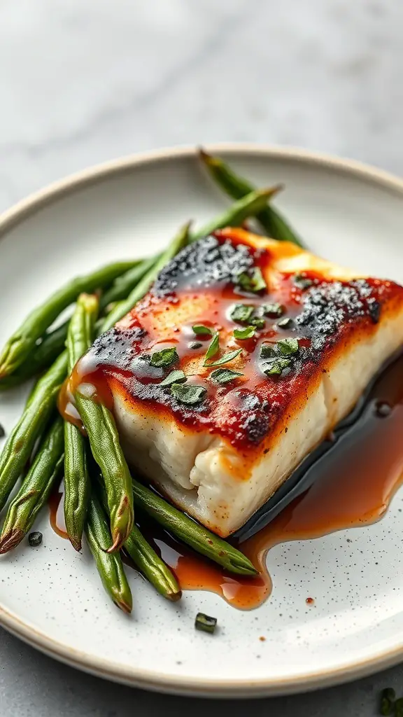 A plate of miso glazed black cod served with green beans.