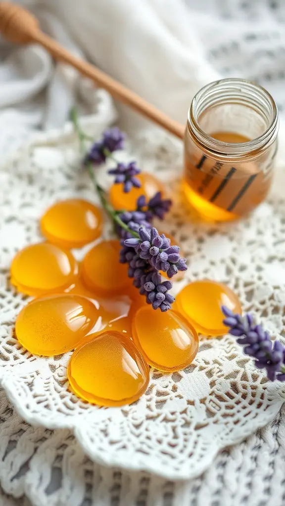 Lavender honey drops arranged on a lace doily with lavender flowers and a jar of honey