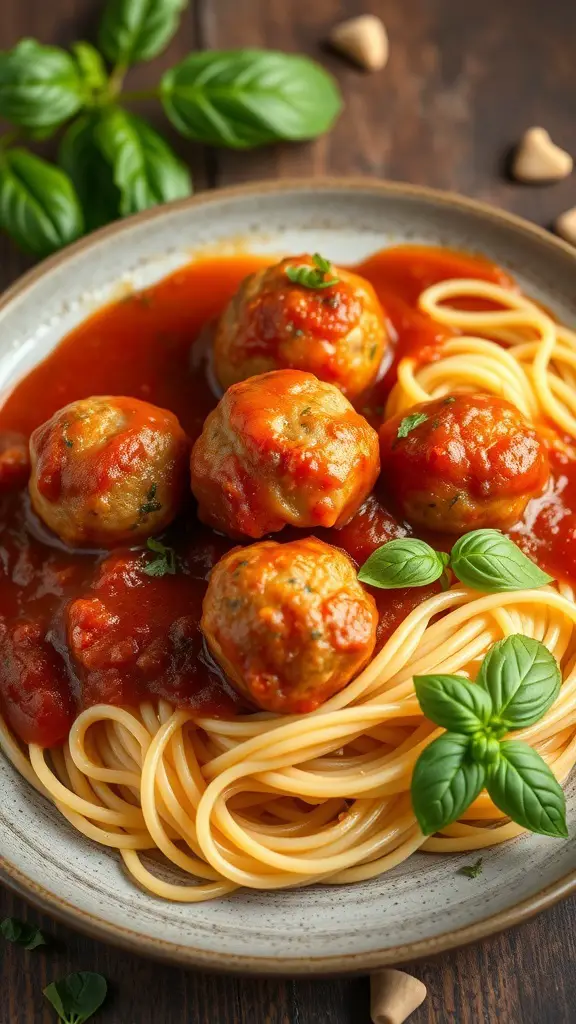 Plate of turkey meatballs in marinara sauce served over spaghetti with fresh basil