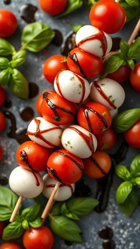 Colorful Caprese skewers with cherry tomatoes, mozzarella balls, and basil drizzled with balsamic glaze.