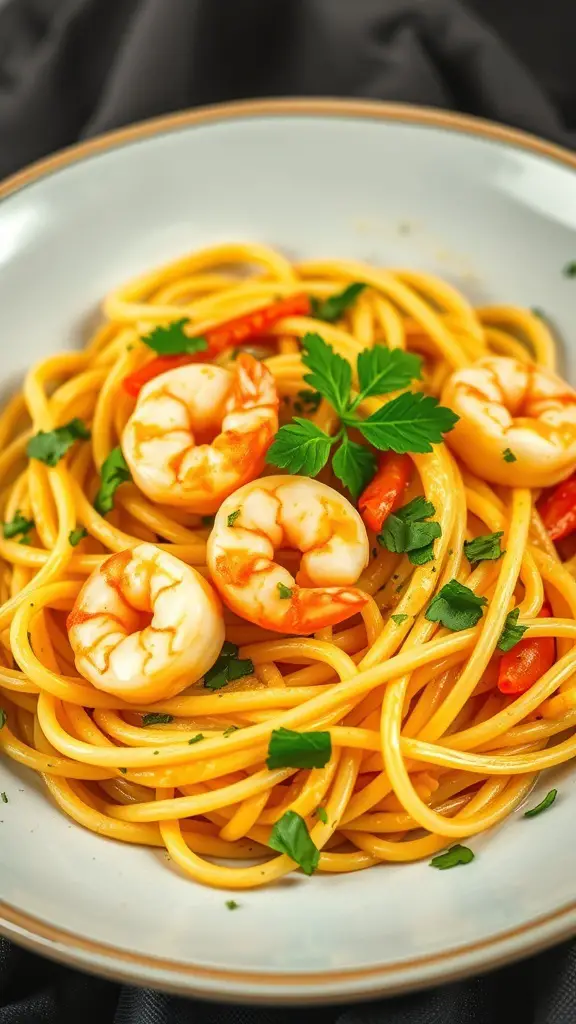 A plate of coconut curry shrimp fettuccine garnished with parsley and red pepper.