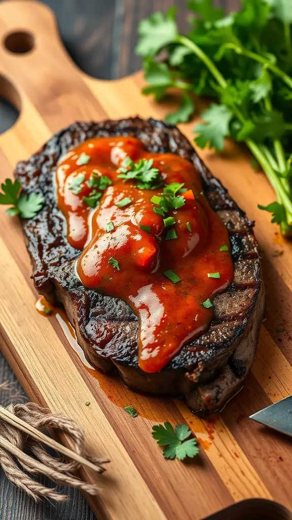 Grilled venison steak topped with chimichurri sauce on a wooden cutting board