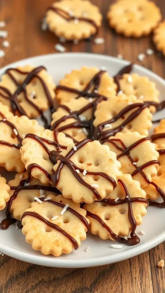 A plate of chocolate drizzled oyster crackers with sprinkles on a wooden table.
