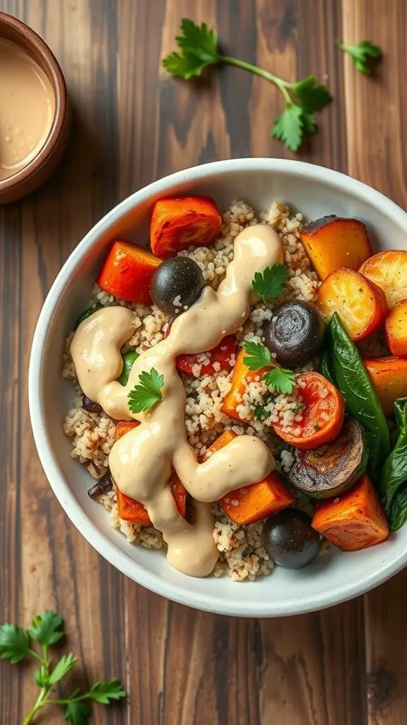 A bowl filled with roasted vegetables and quinoa, topped with a creamy sauce and garnished with fresh herbs.