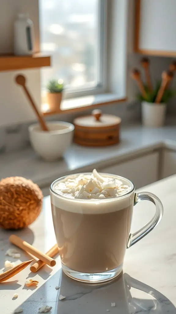 A Vanilla Bean Coconut Milk Latte topped with coconut flakes in a cozy kitchen setting.