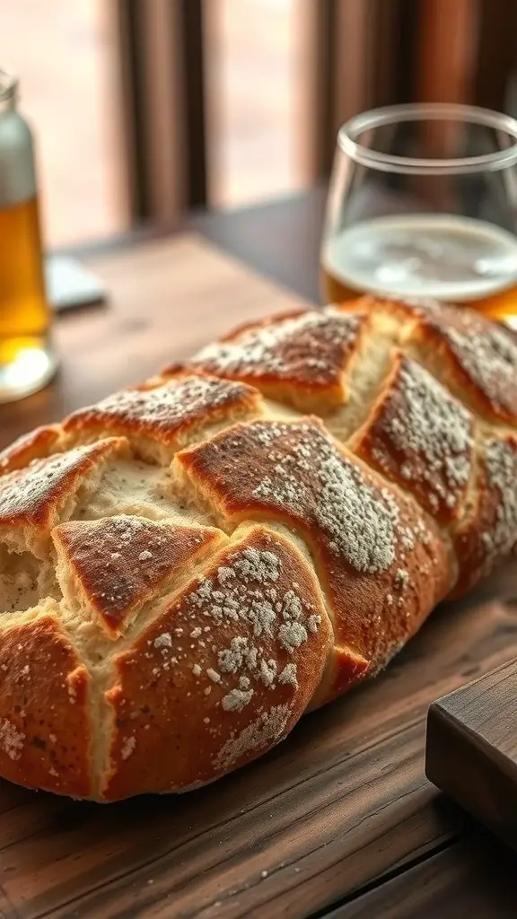 A freshly baked loaf of beer bread with a glass of beer beside it.