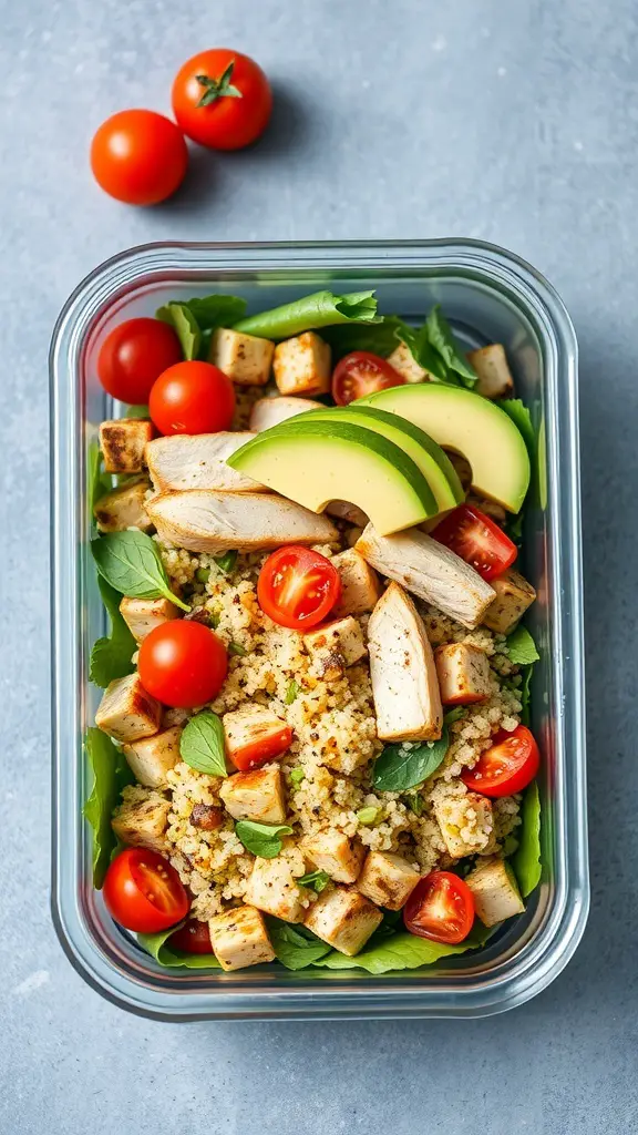 A colorful quinoa salad with grilled chicken, cherry tomatoes, and avocado in a glass container.