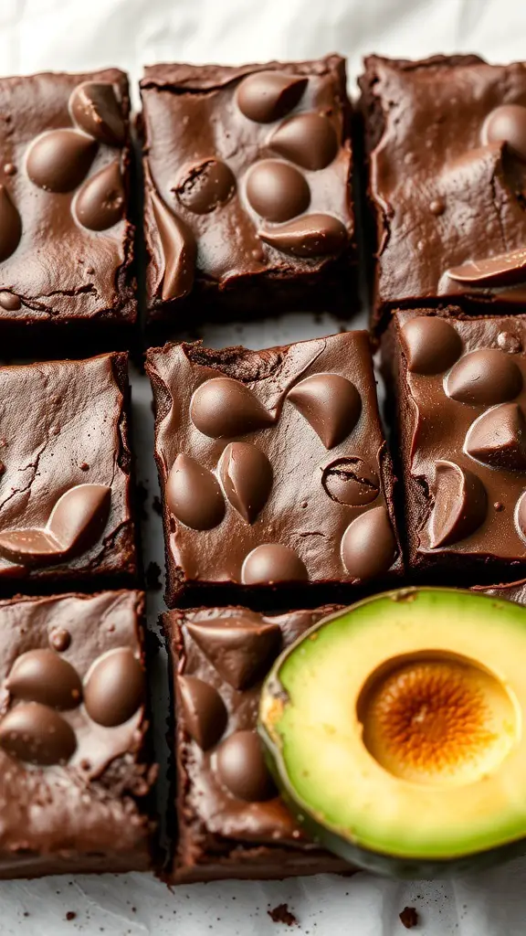 Fudgy chocolate avocado brownies with chocolate chips on top and a halved avocado beside them.