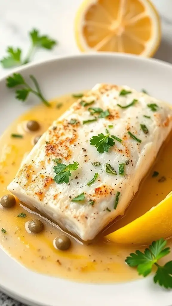 A plate of Tilapia Piccata with capers, garnished with parsley and a lemon wedge.