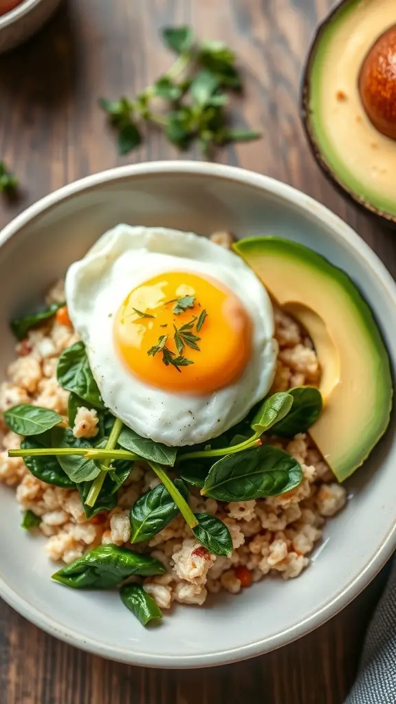 A savory oatmeal bowl topped with a fried egg, spinach, and avocado slices.