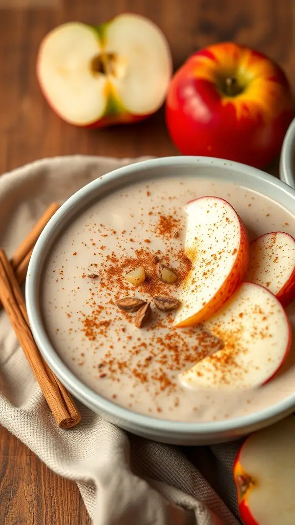 A smoothie bowl topped with apple slices and cinnamon, featuring whole apples and cinnamon sticks in the background.