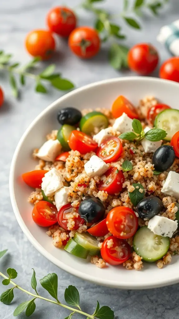 A bowl of Mediterranean Quinoa Salad with cherry tomatoes, cucumbers, olives, and feta cheese.