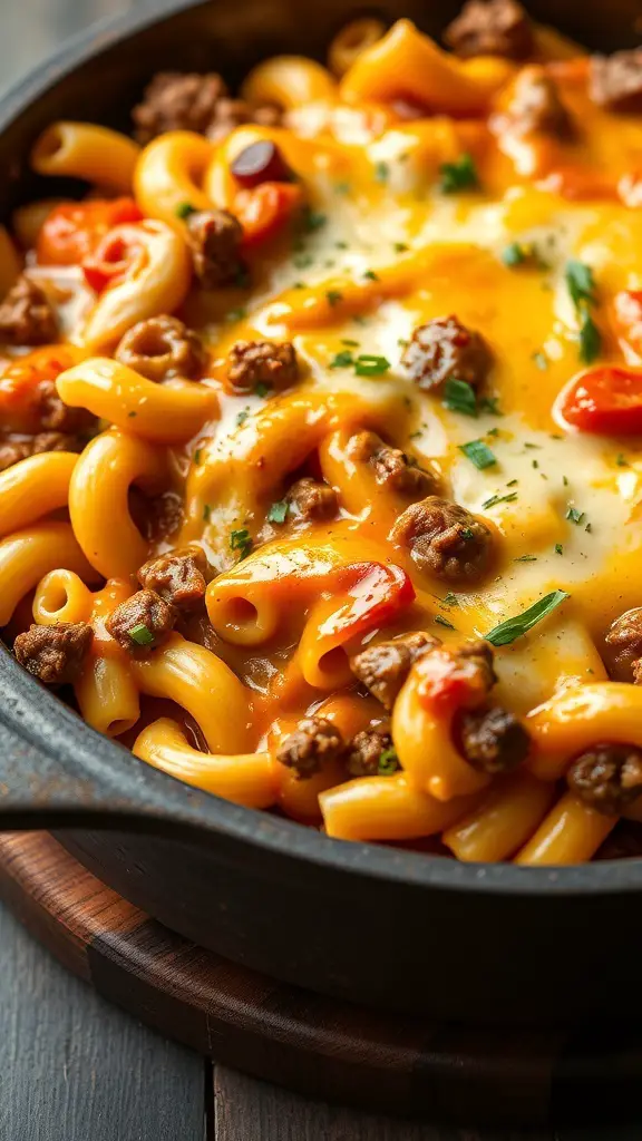 A delicious hamburger macaroni casserole with ground beef, macaroni, and melted cheese.