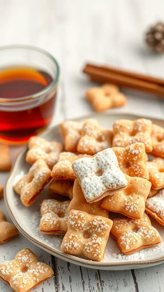 A plate of sweet cinnamon sugar oyster crackers with a cup of tea