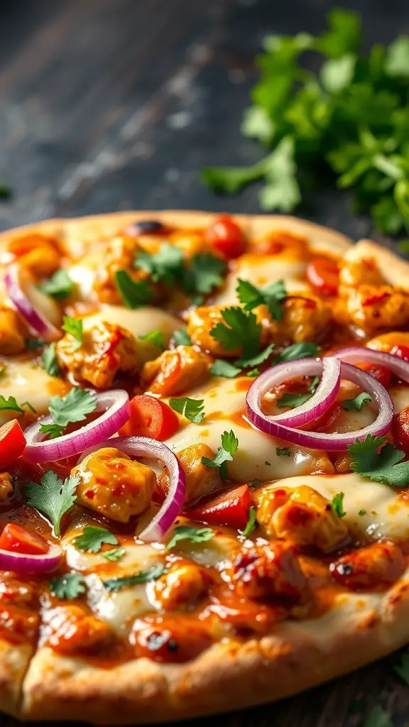 BBQ chicken pizza topped with red onions and fresh herbs