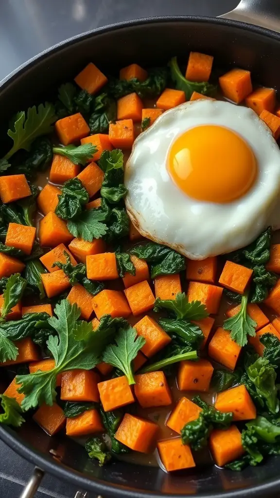 A colorful skillet with diced sweet potatoes, kale, and a fried egg on top.