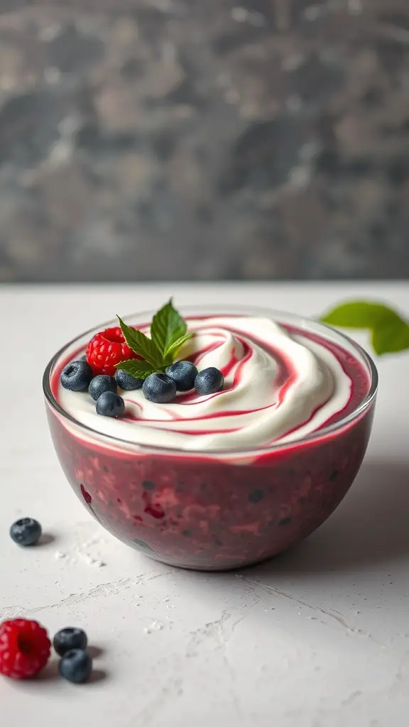 A bowl of acai topped with yogurt swirls, blueberries, and raspberries.
