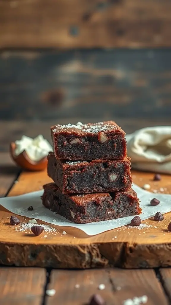 A stack of coconut flour brownies on a wooden board with chocolate chips scattered around.