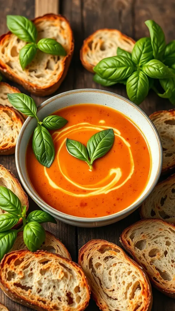 A bowl of creamy tomato basil soup garnished with basil leaves, surrounded by slices of toasted bread.